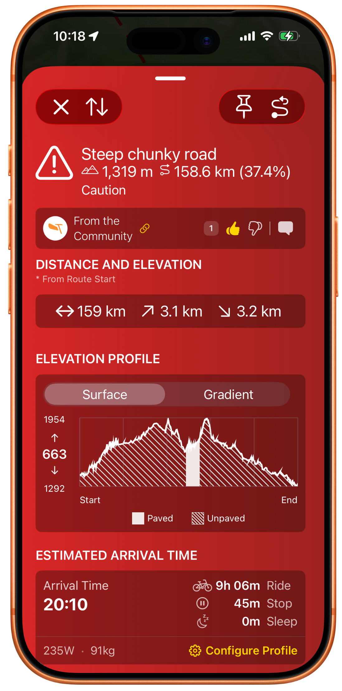 App BikepackPro mostrando inteligencia de ruta con perfil de elevación, tipo de superficie y hora estimada de llegada
