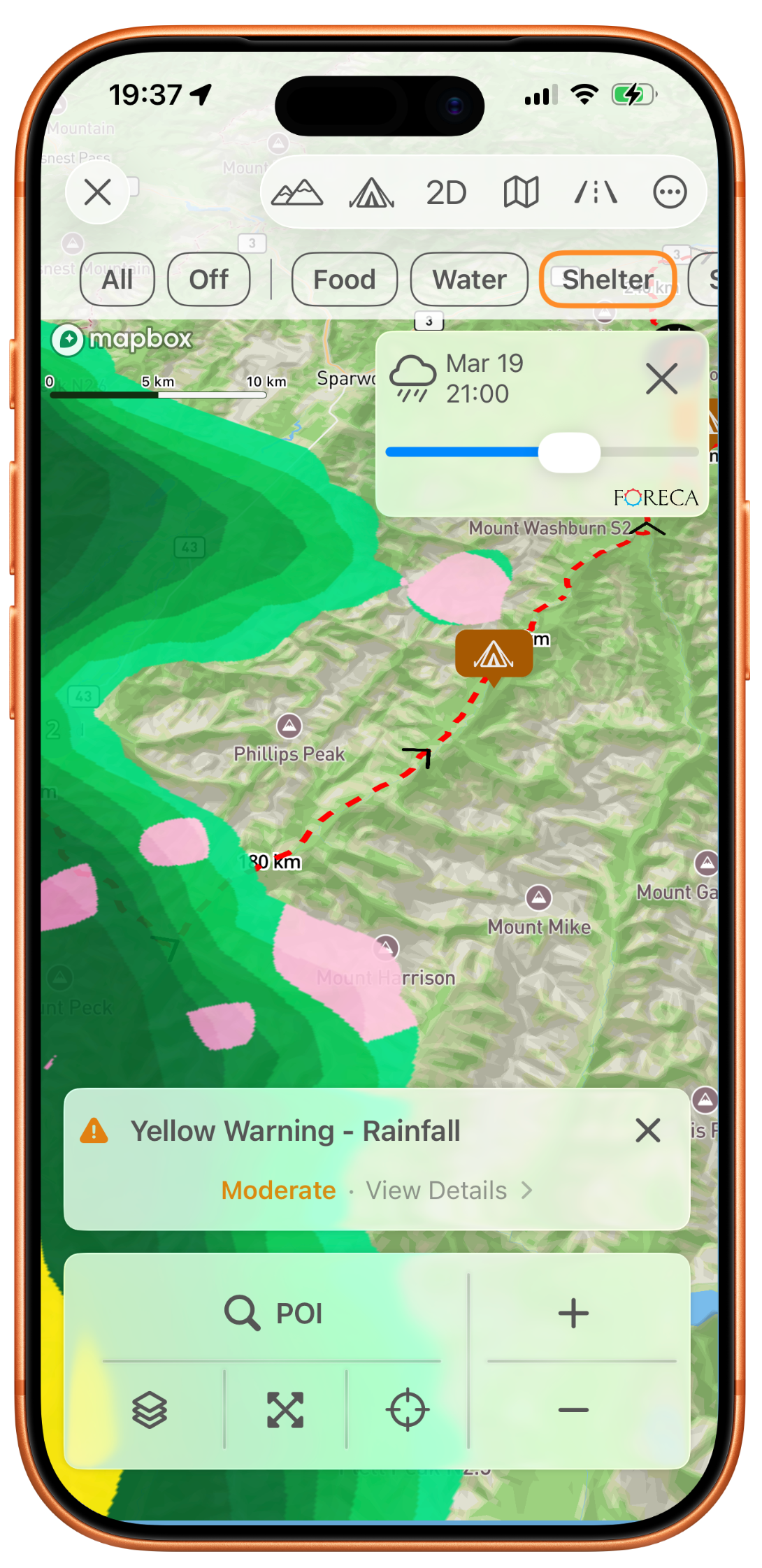 Clima de campo mostrando radar animado con alerta de lluvia y datos de precipitación en una ruta de bikepacking